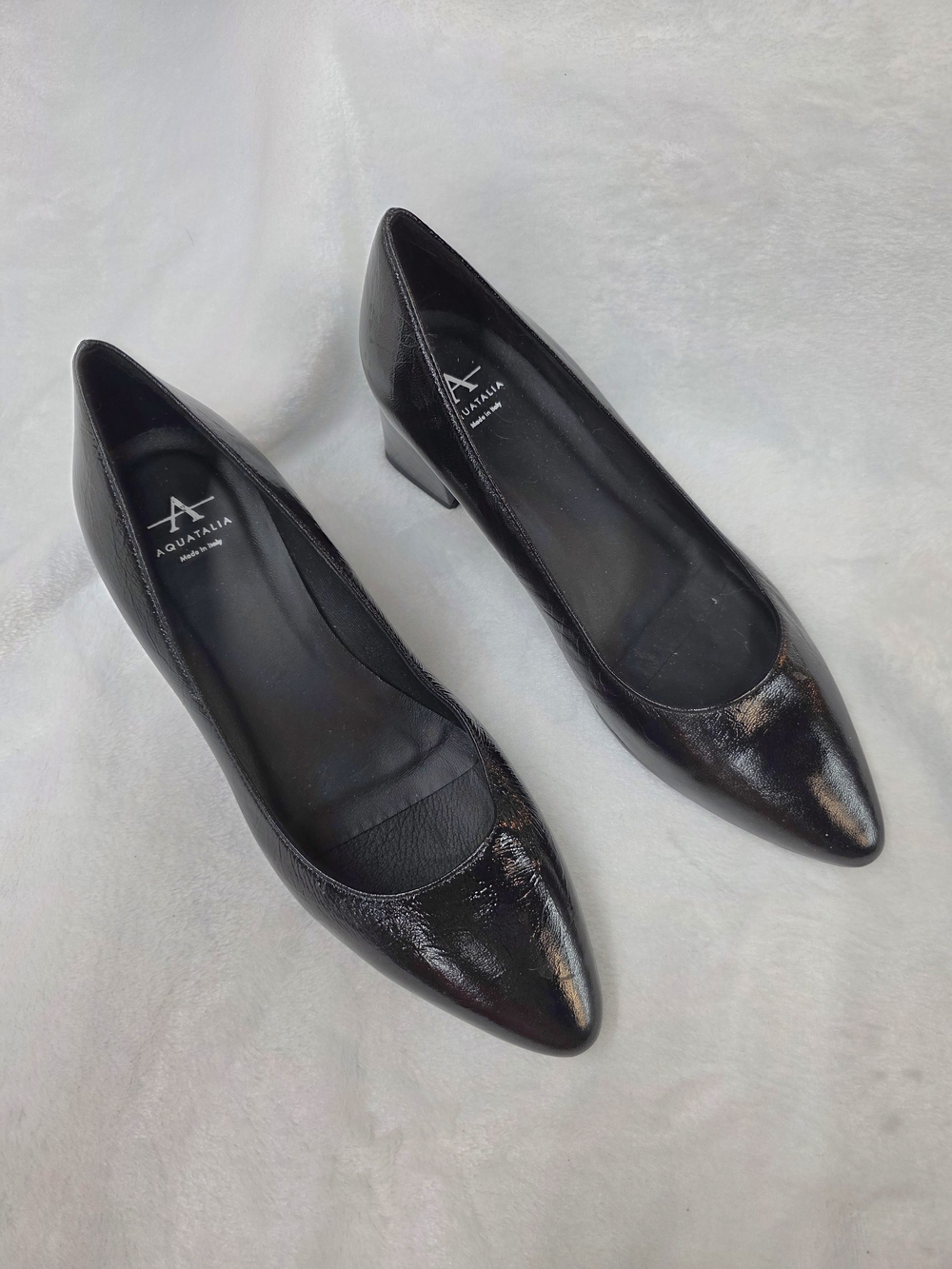 Aquatalia Black Pointed-Toe Low Block Heel Pumps Made In Italy - Picture 2 of 7